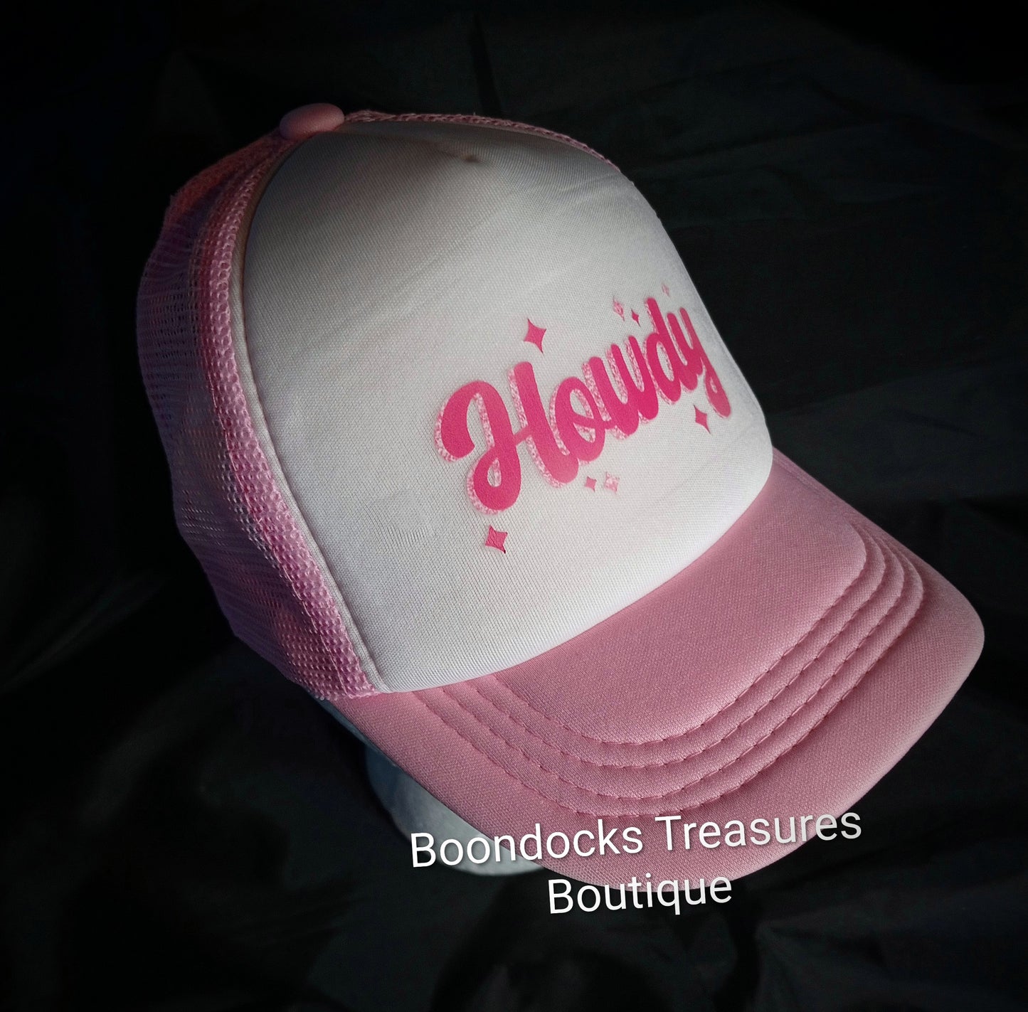 "Howdy" DTF transfer embellished in- house on Pink 🩷 Trucker Hat