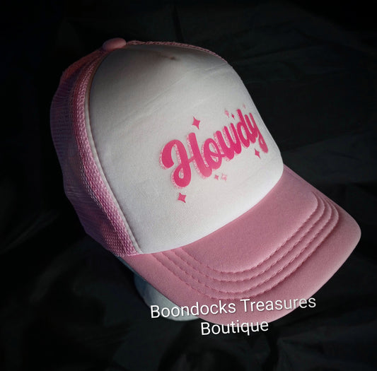 "Howdy" DTF transfer embellished in- house on Pink 🩷 Trucker Hat
