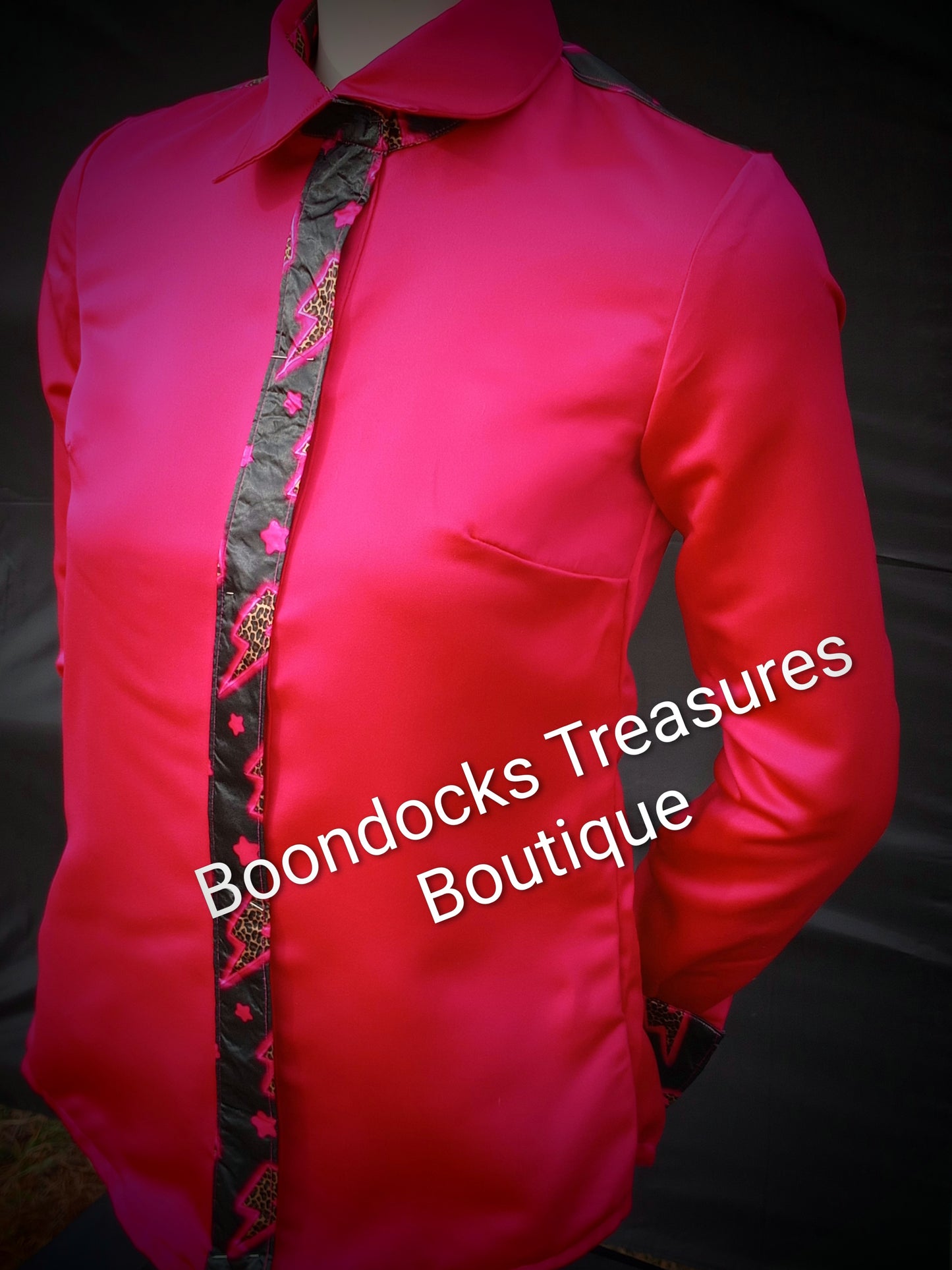 *crepe back satin* HOT PINK w/ Cheetah Lightning Bolts ACCENTS- Women's and Teen's Handmade Button up Shirts Pearl Snap Shirts Western Shirts Rodeo Shirts Show Shirts