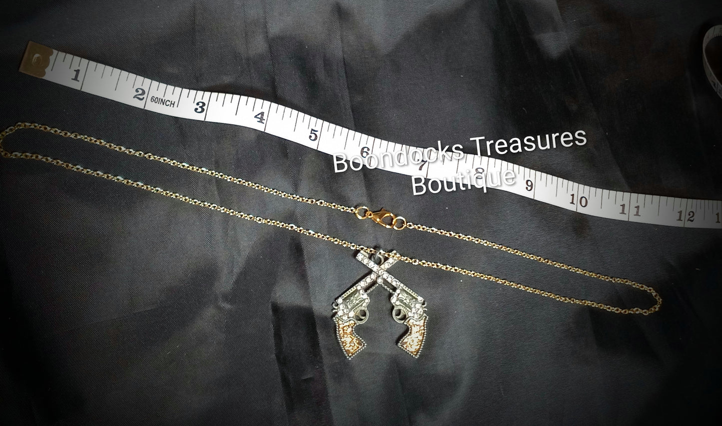 Rhinestone Dueling Pistols Pendant Necklace - Handmade- Silver and Gold