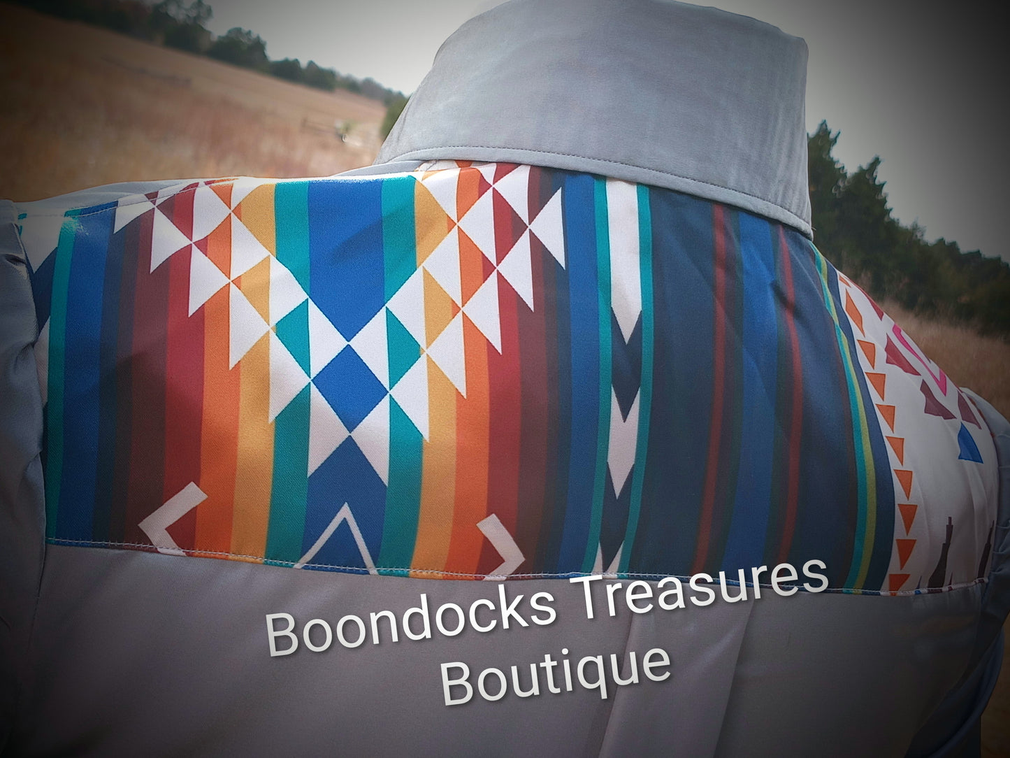 SILVER-GRAY satin shirt w/RAINBOW AZTEC print ACCENTS- Women's and Teen's Handmade Button up Shirts Pearl Snap Shirts Western Shirts Rodeo Shirts Show Shirts