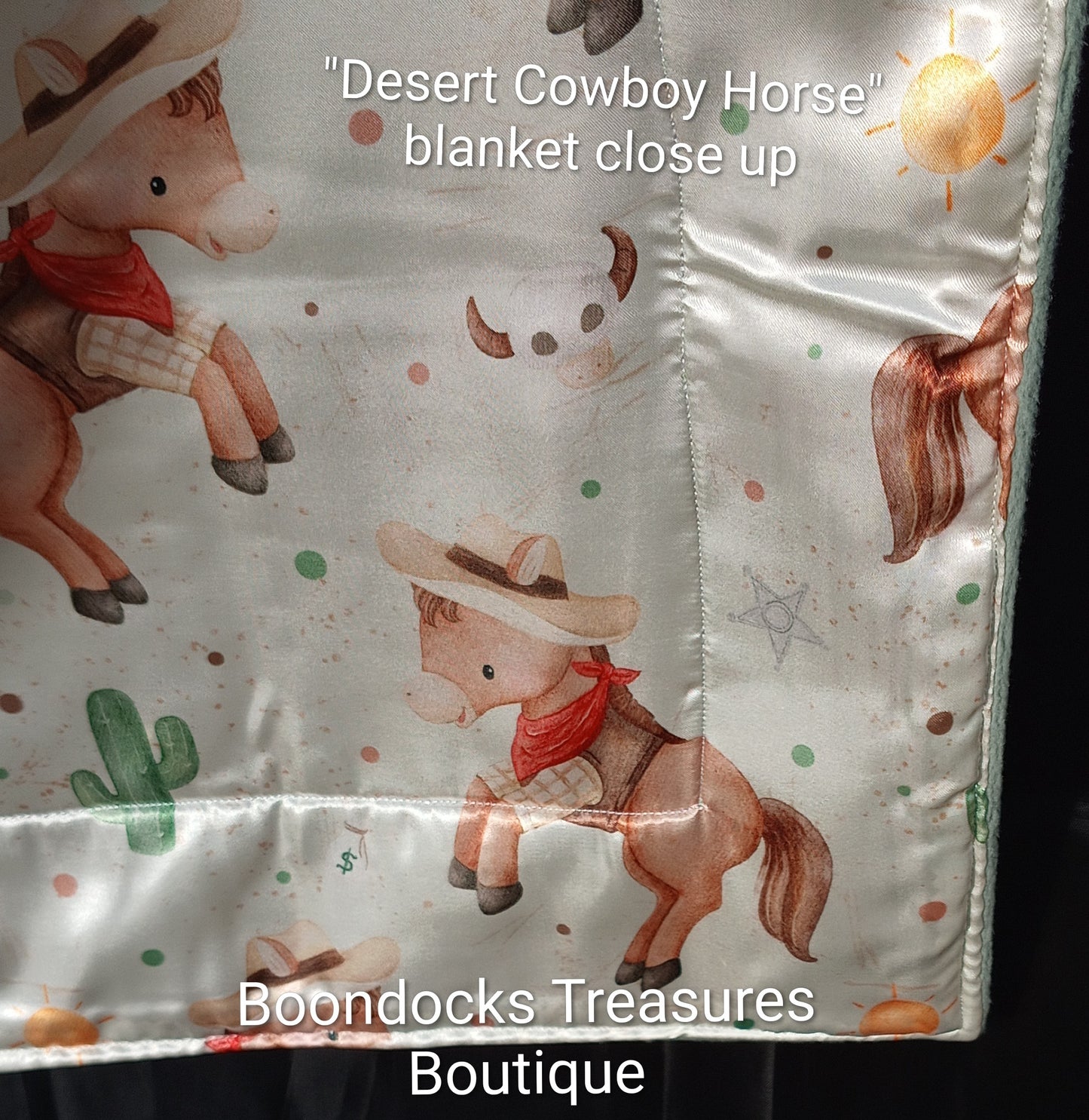 "Desert Cowboy Horse" handmade plush fleece and satin baby blanket