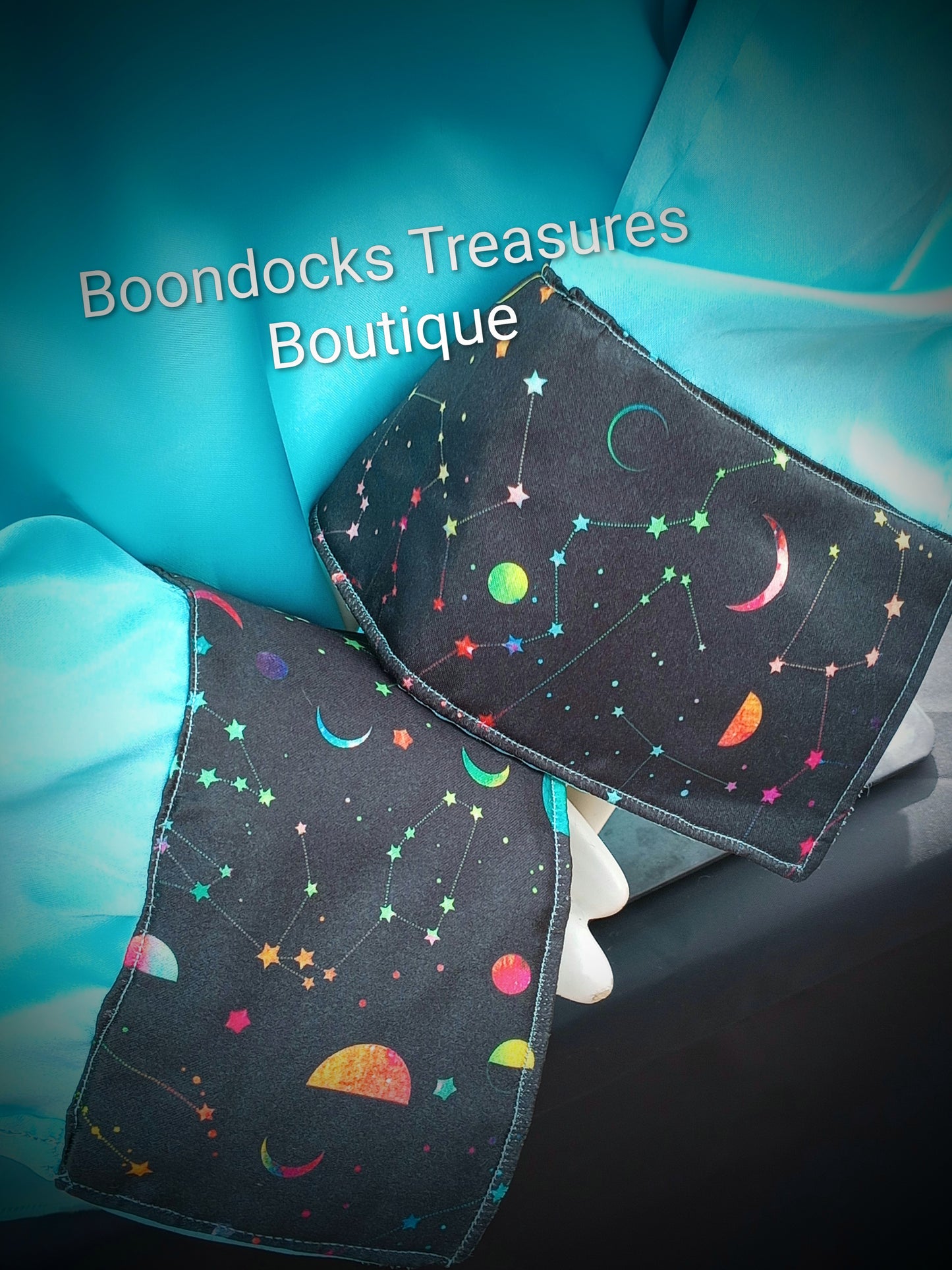 Turquoise satin shirt w/ rainbow constellations print ACCENTS- Women's and Teen's Handmade Button up Shirts Pearl Snap Shirts Western Shirts Rodeo Shirts Show Shirts