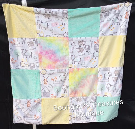 Patchwork "Farm Babies" handmade minky and satin blanket for baby or toddler