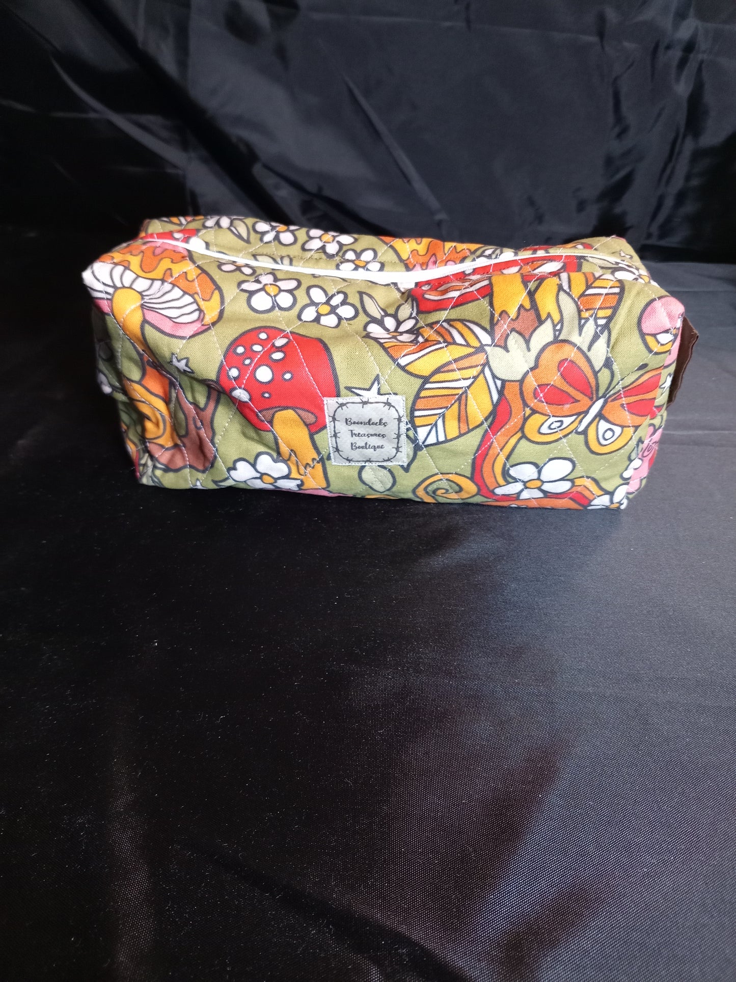 Handmade Quilted Multi-purpose Bag – 1970s vibe-"Mushrooms + Snails" Print- One-of-a-Kind