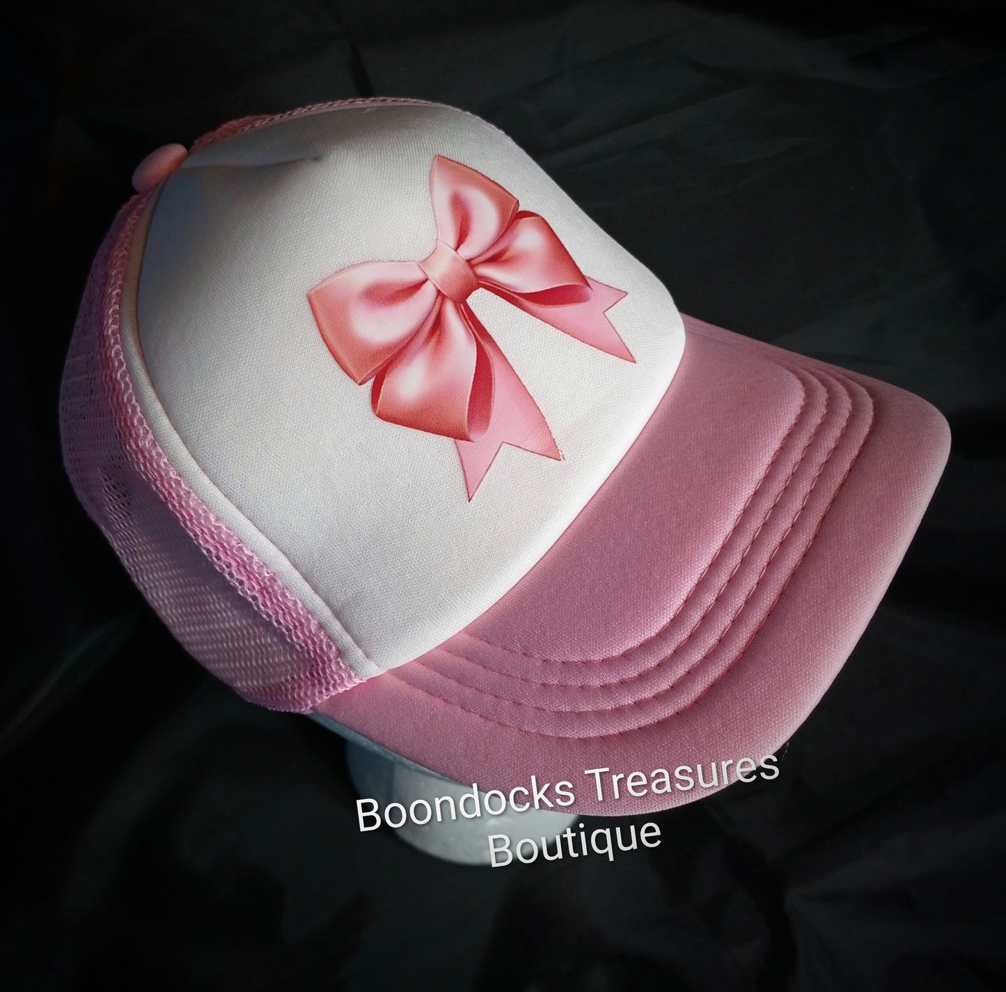 "Pink Coquette Bow" DTF transfer embellished in- house on Pink 🩷 Trucker Hat