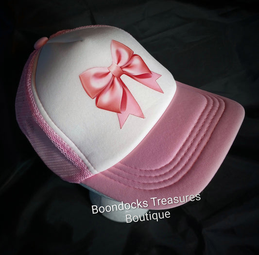 "Pink Coquette Bow" DTF transfer embellished in- house on Pink 🩷 Trucker Hat
