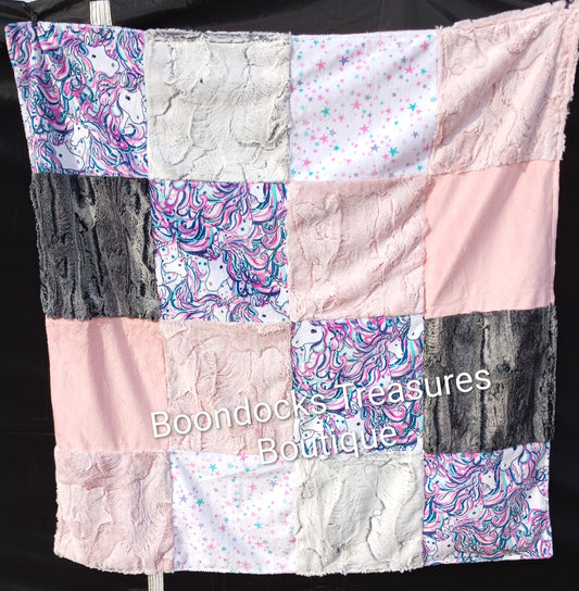 Patchwork "Unicorn Magic" handmade One-of-a-Kind minky and satin blankets for baby or toddler or unicorn lover
