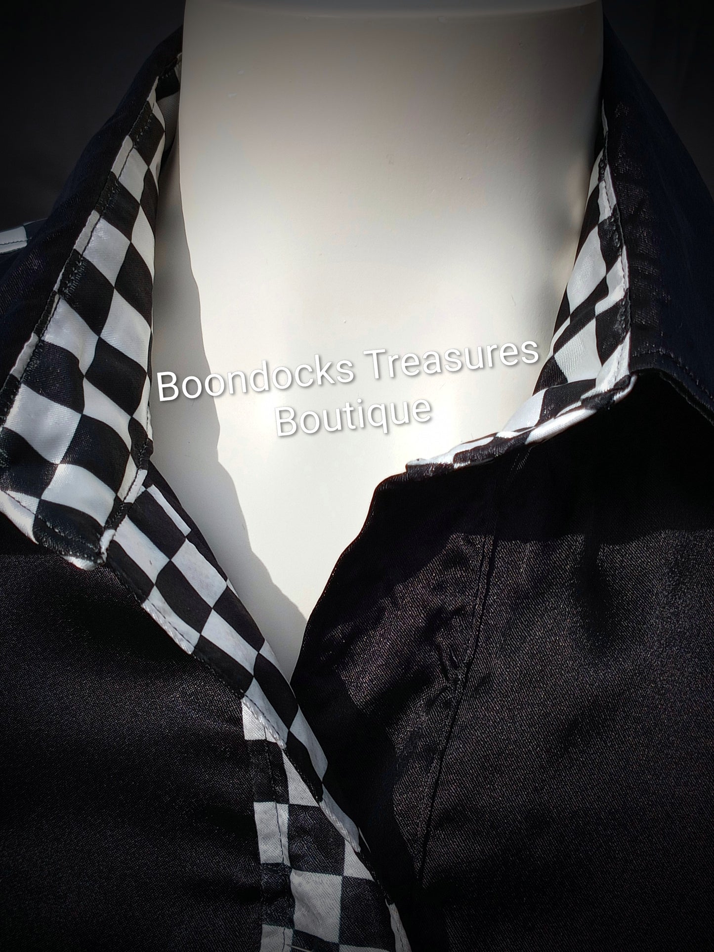 Black satin shirt w/ checkerboard print ACCENTS- Women's and Teen's Handmade Button up Shirts Pearl Snap Shirts Western Shirts Rodeo Shirts Show Shirts