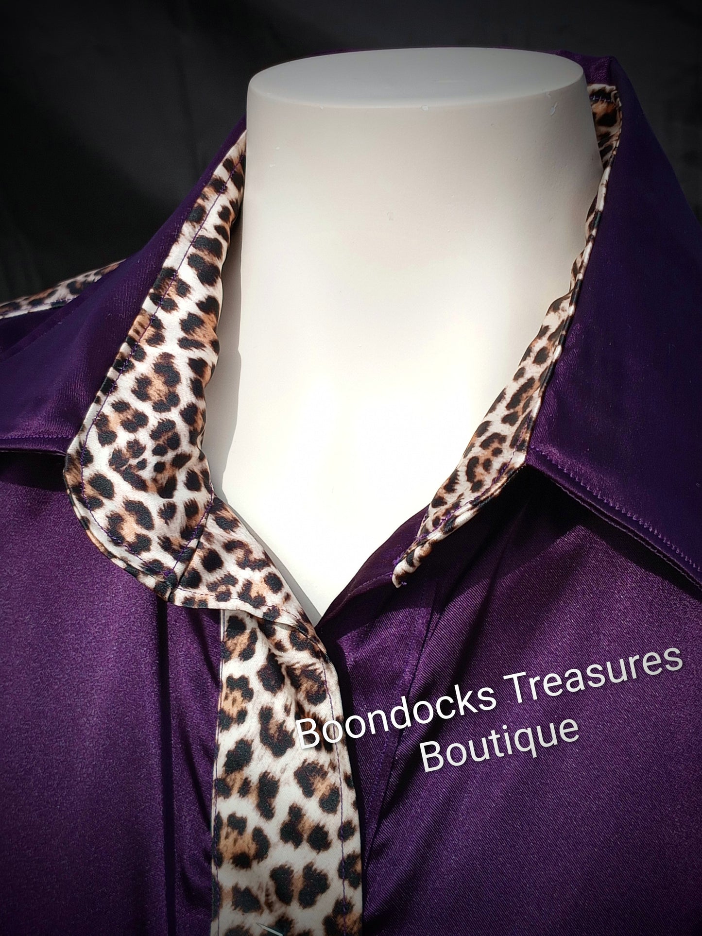 Purple satin shirt w/ light leopard print ACCENTS- Women's and Teen's Handmade Button up Shirts Pearl Snap Shirts Western Shirts Rodeo Shirts Show Shirts