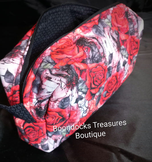 Handmade Makeup/Shaving Bag – "Black and Red Roses" (One of a Kind)