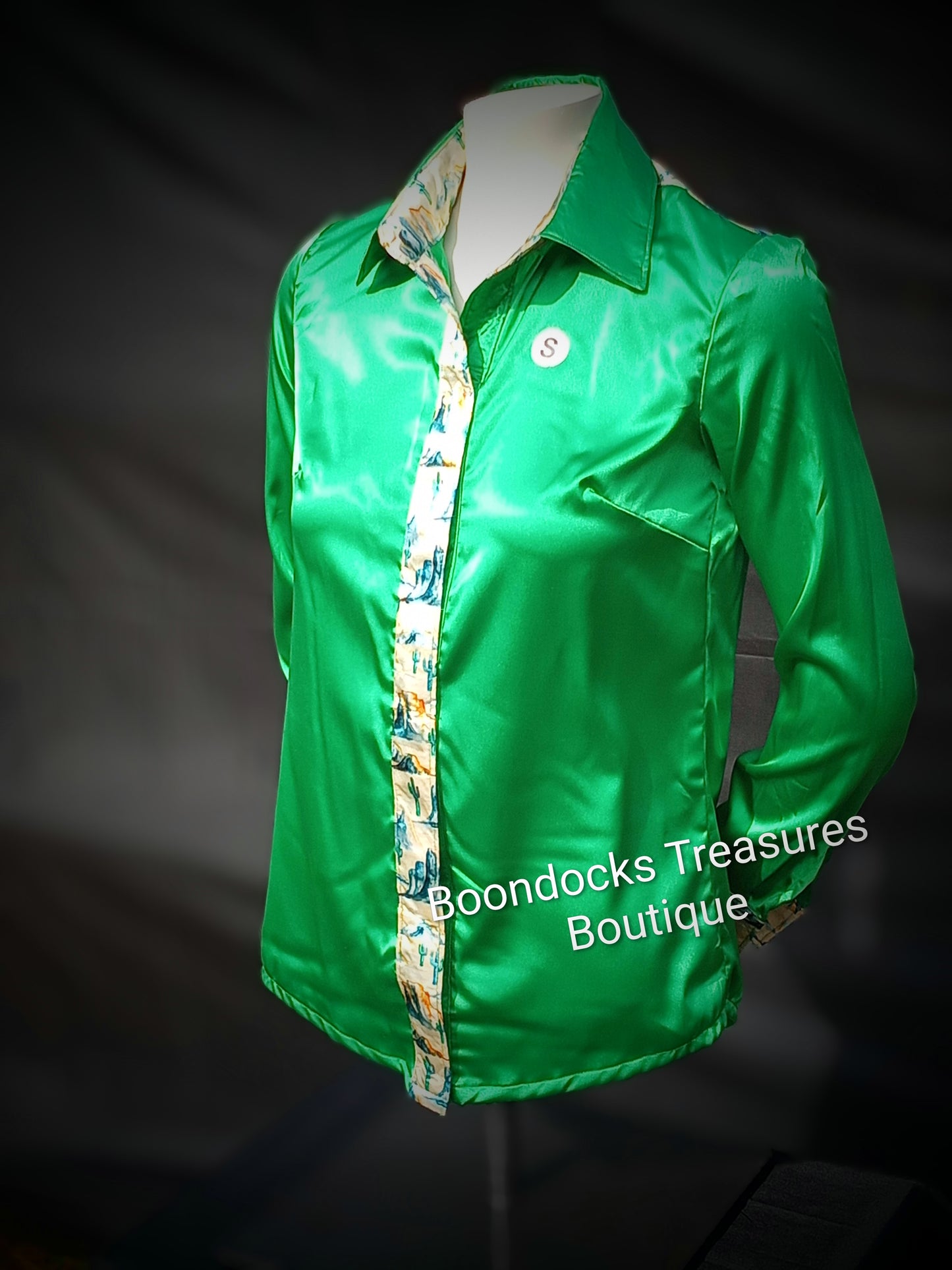Green satin shirt w/ desert buttes print ACCENTS- Women's and Teen's Handmade Button up Shirts Pearl Snap Shirts Western Shirts Rodeo Shirts Show Shirts
