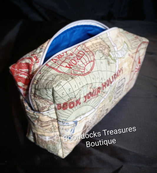 "World Traveler" Handmade Makeup & Travel Bag- Vintage Fabric- Last One Available