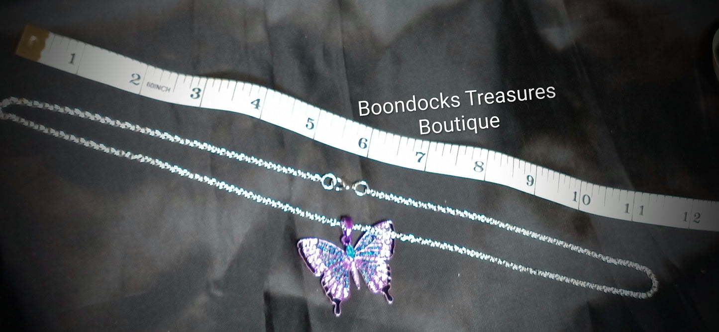 Purple Rhinestone Butterfly 🦋 Pendant Necklace -Silver- Handmade