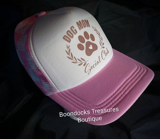 "Dog Mom Social Club" DTF transfer embellished in- house on Pink 🩷 Trucker Hat w/ Checkerboard mesh back