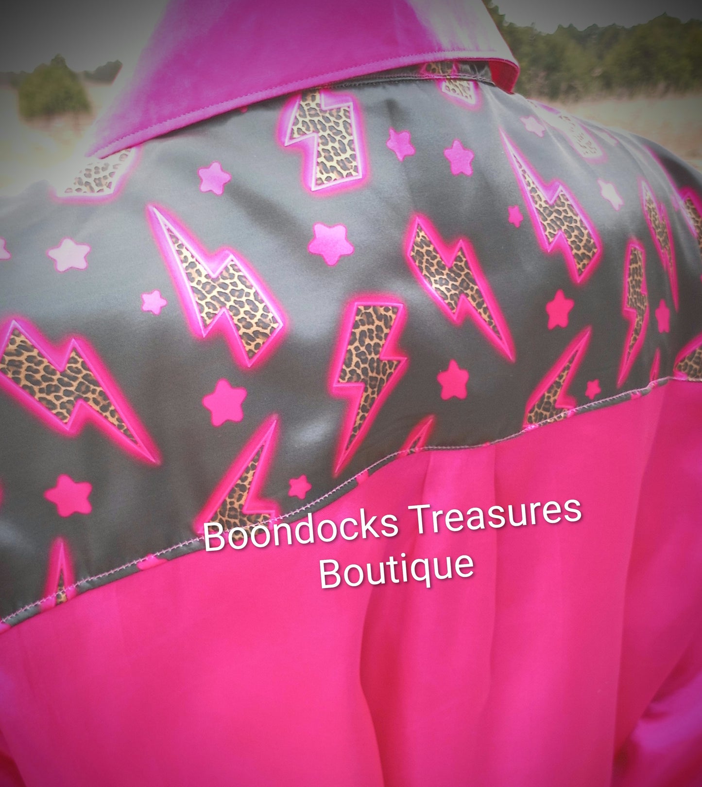 HOT PINK satin shirt w/ Cheetah Lightning Bolts ACCENTS- Women's and Teen's Handmade Button up Shirts Pearl Snap Shirts Western Shirts Rodeo Shirts Show Shirts