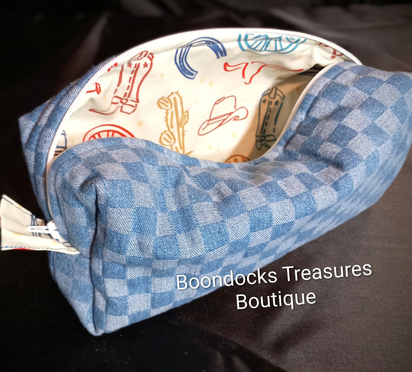 Handmade Makeup/Shaving Bag – "Denim Blue Checkerboard" (One of a Kind)