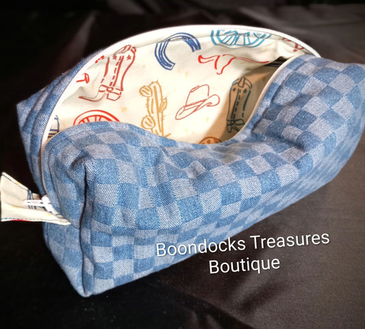 Handmade Makeup/Shaving Bag – "Denim Blue Checkerboard" (One of a Kind)