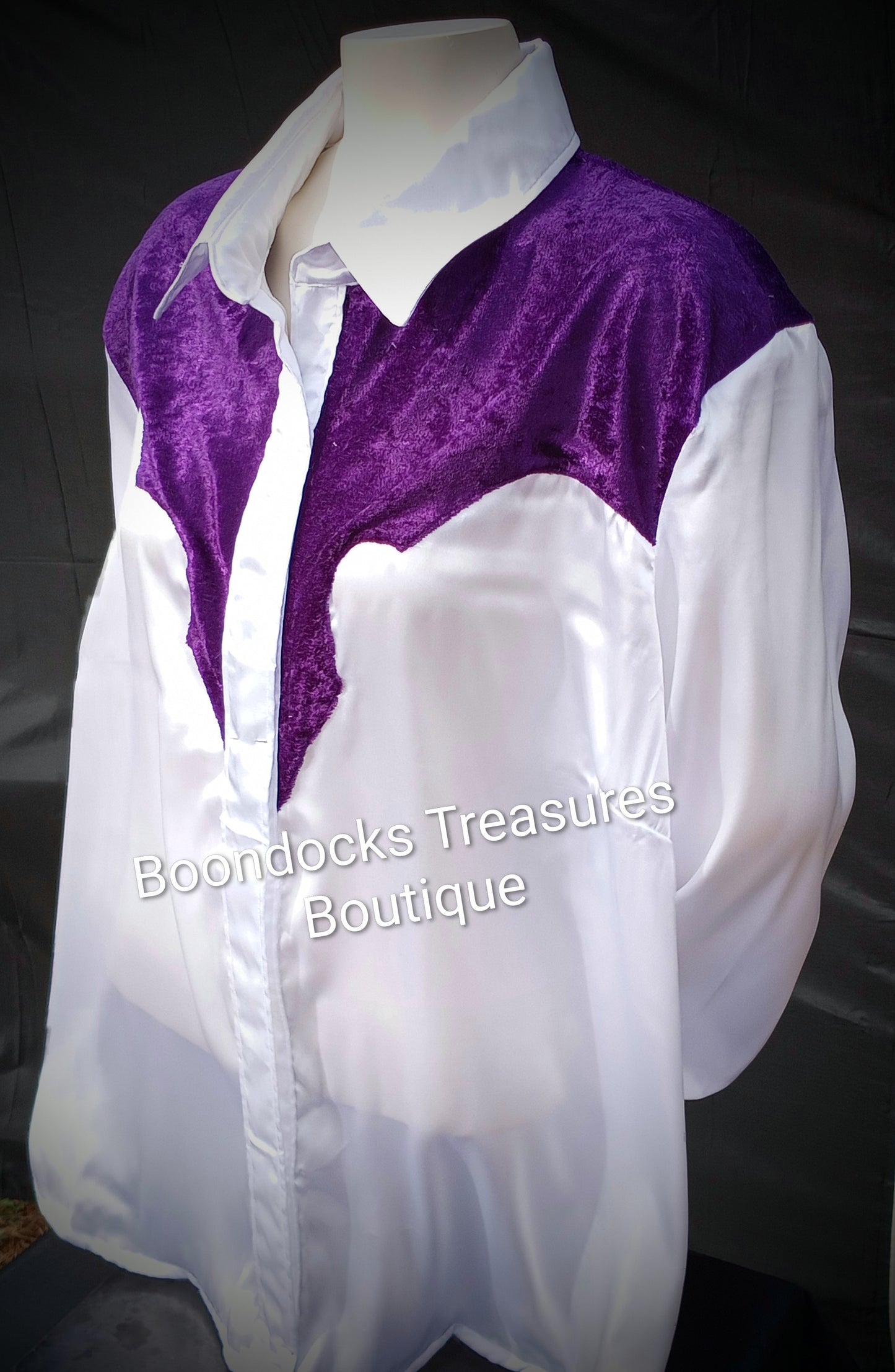 WHITE satin w/ PURPLE crushed velvet ACCENTS- Women's and Teen's Handmade Button up Shirts Pearl Snap Shirts Western Shirts Rodeo Shirts Show Shirts