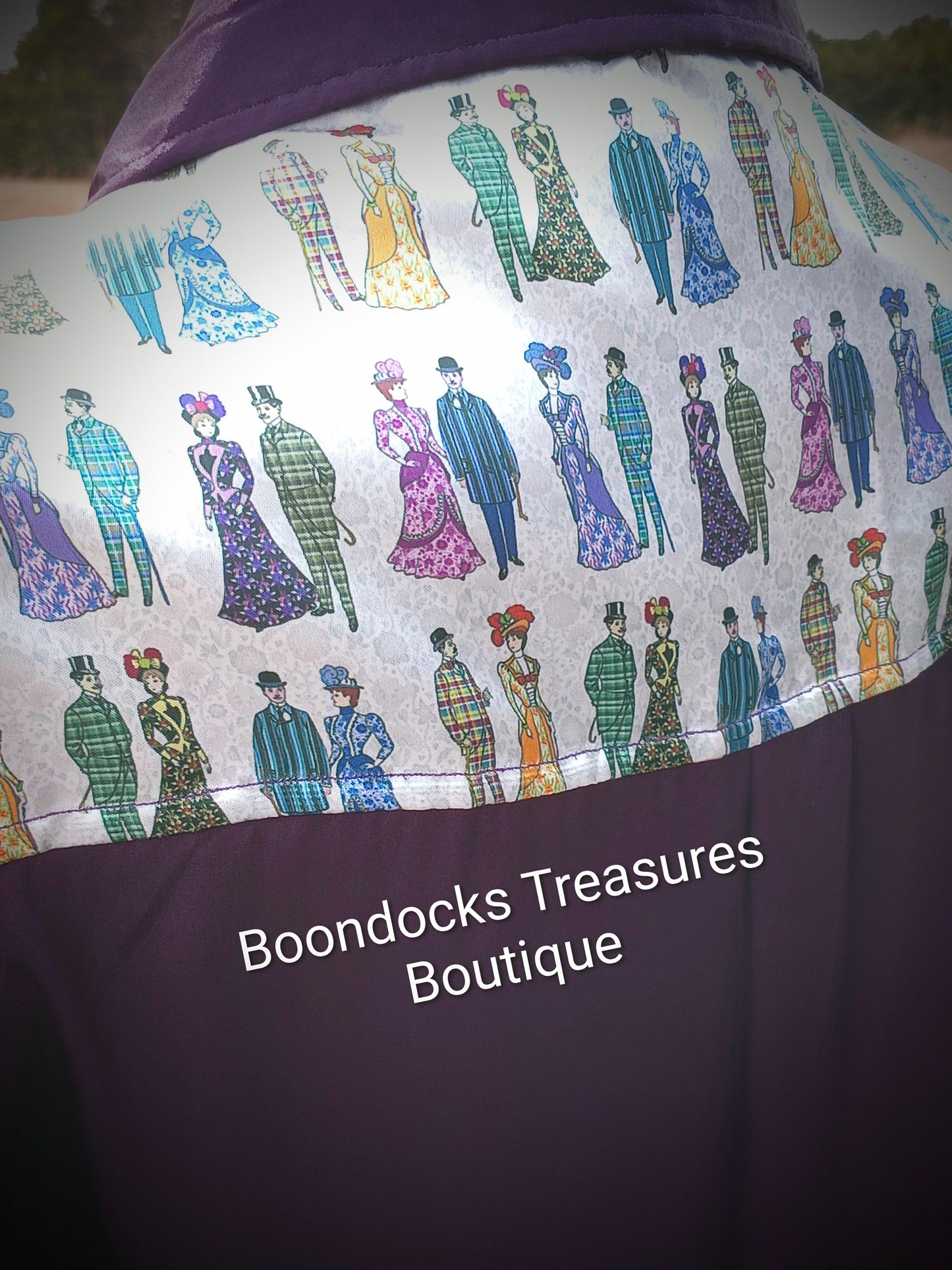 Purple satin shirt w/ Victorian Fashion print ACCENTS- Women's and Teen's Handmade Button up Shirts Pearl Snap Shirts Western Shirts Rodeo Shirts Show Shirts