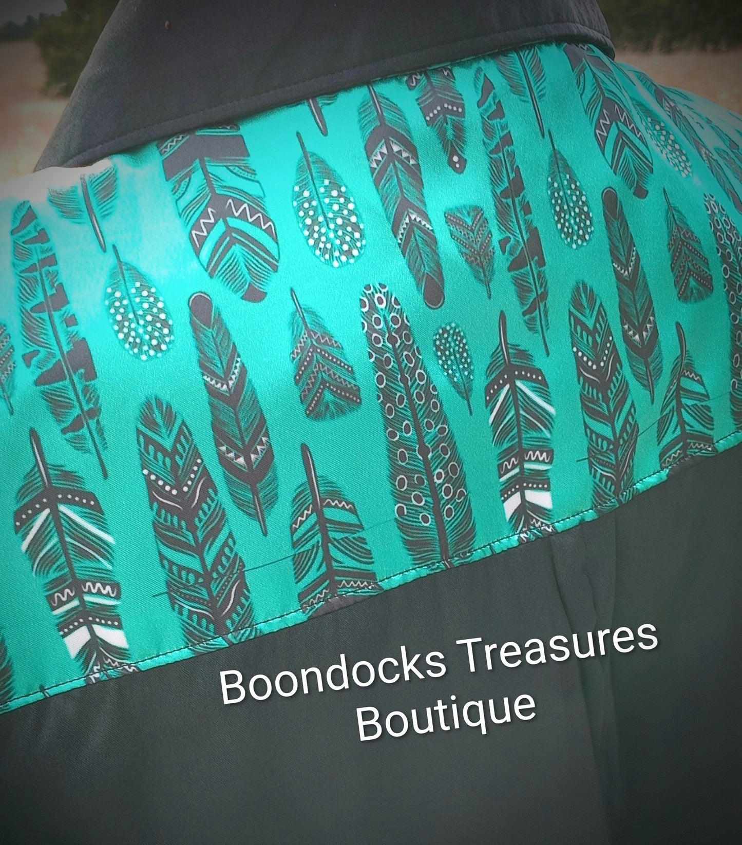 Black satin shirt w/ feathers on teal print ACCENTS- Women's and Teen's Handmade Button up Shirts Pearl Snap Shirts Western Shirts Rodeo Shirts Show Shirts