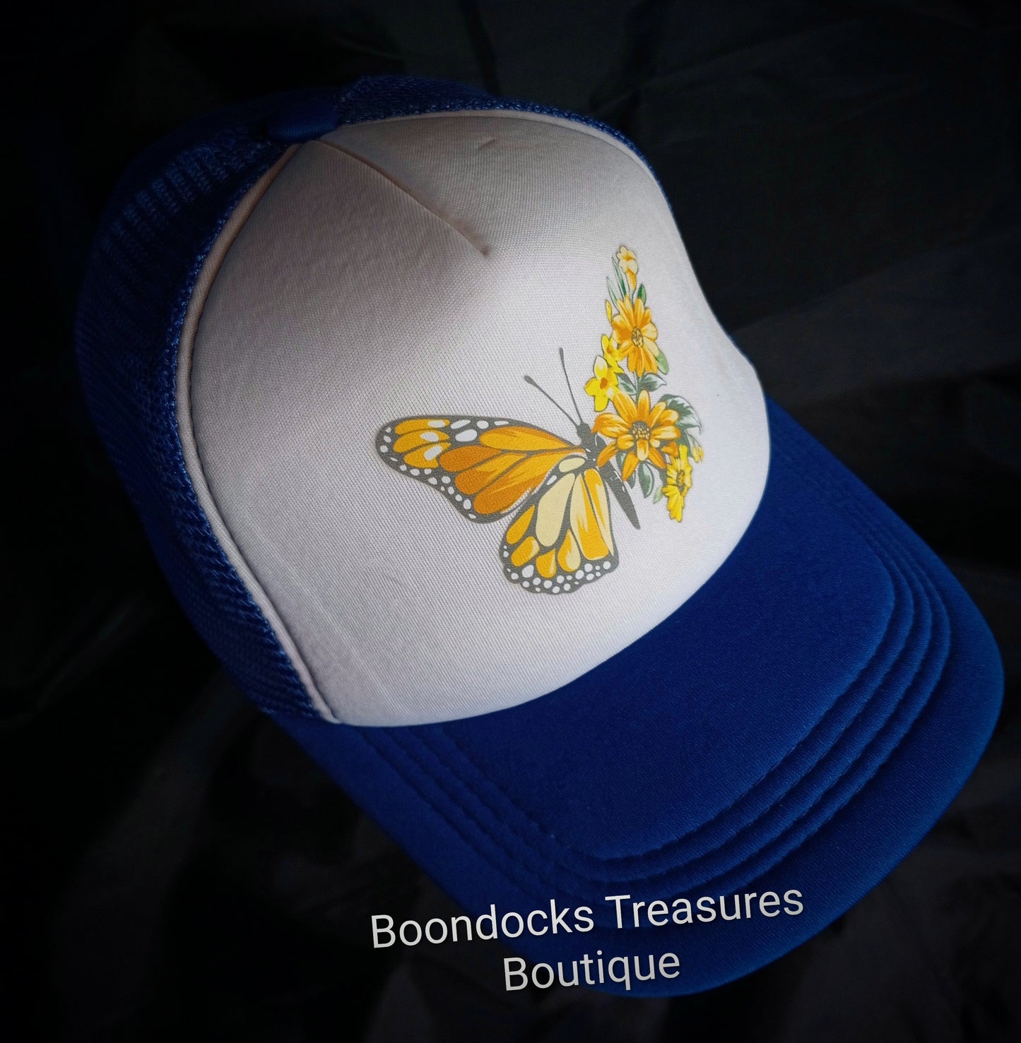 "Floral Butterfly" DTF transfer embellished in- house on Blue 💙 Trucker Hat