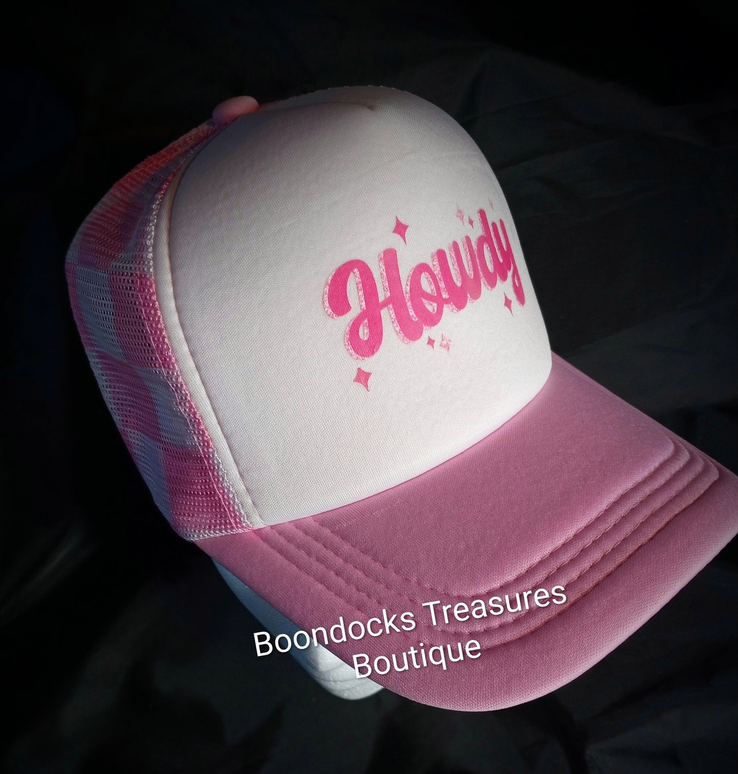 "Howdy" DTF transfer embellished in- house on Pink 🩷 Trucker Hat w/ Checkerboard mesh back