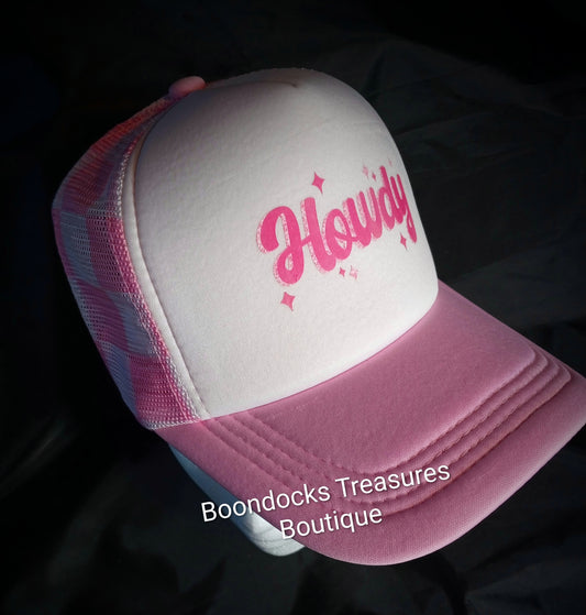 "Howdy" DTF transfer embellished in- house on Pink 🩷 Trucker Hat w/ Checkerboard mesh back