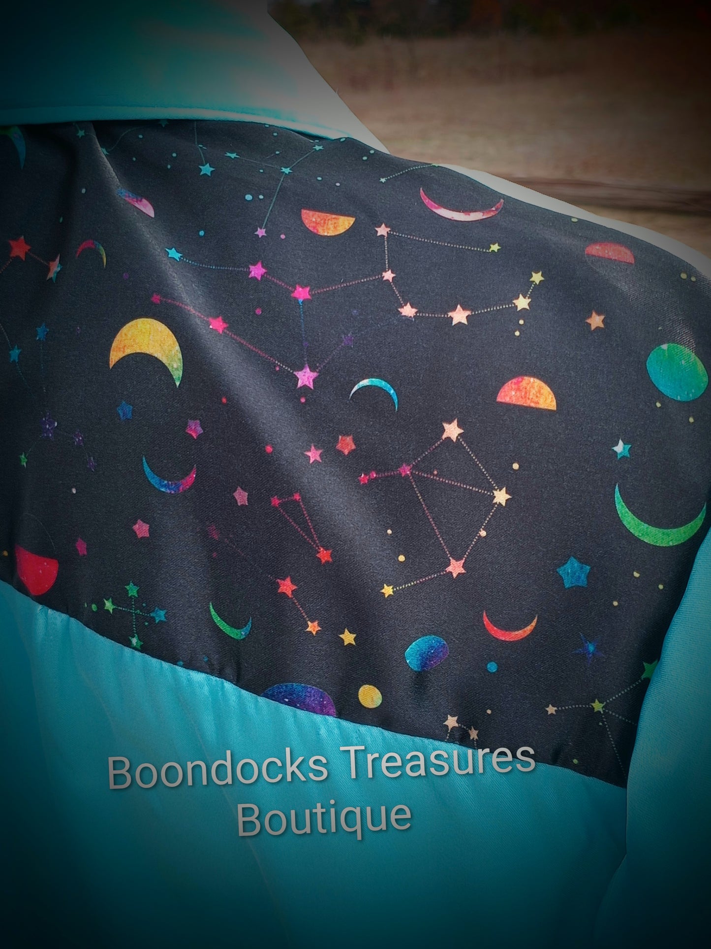 Turquoise satin shirt w/ rainbow constellations print ACCENTS- Women's and Teen's Handmade Button up Shirts Pearl Snap Shirts Western Shirts Rodeo Shirts Show Shirts