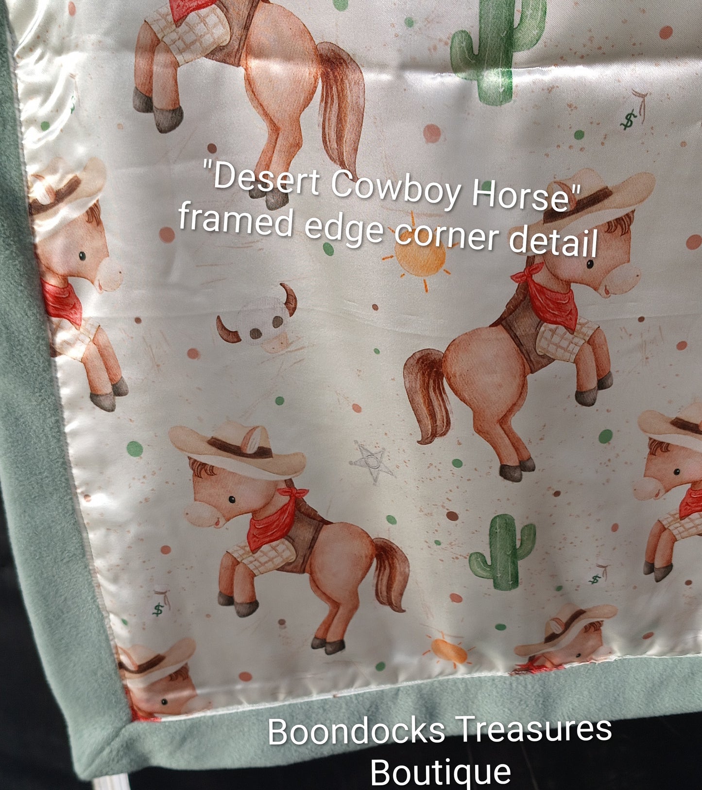 "Desert Cowboy Horse" handmade plush fleece and satin baby blanket