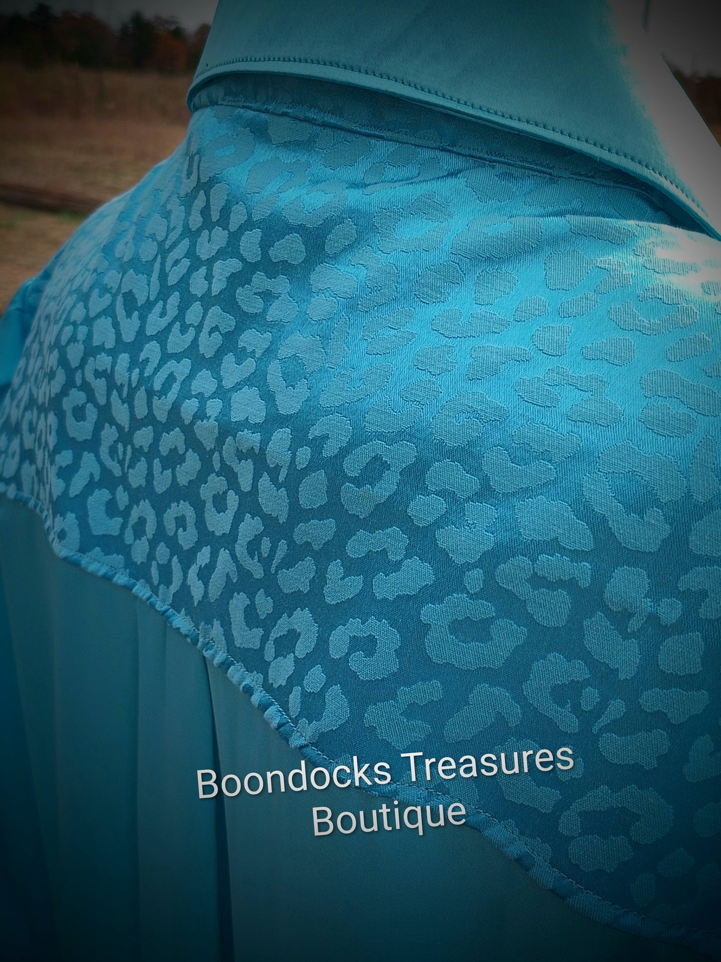 Turquoise satin shirt w/ turquoise cheetah print brocade ACCENTS- Women's and Teen's Handmade Button up Shirts Pearl Snap Shirts Western Shirts Rodeo Shirts Show Shirts