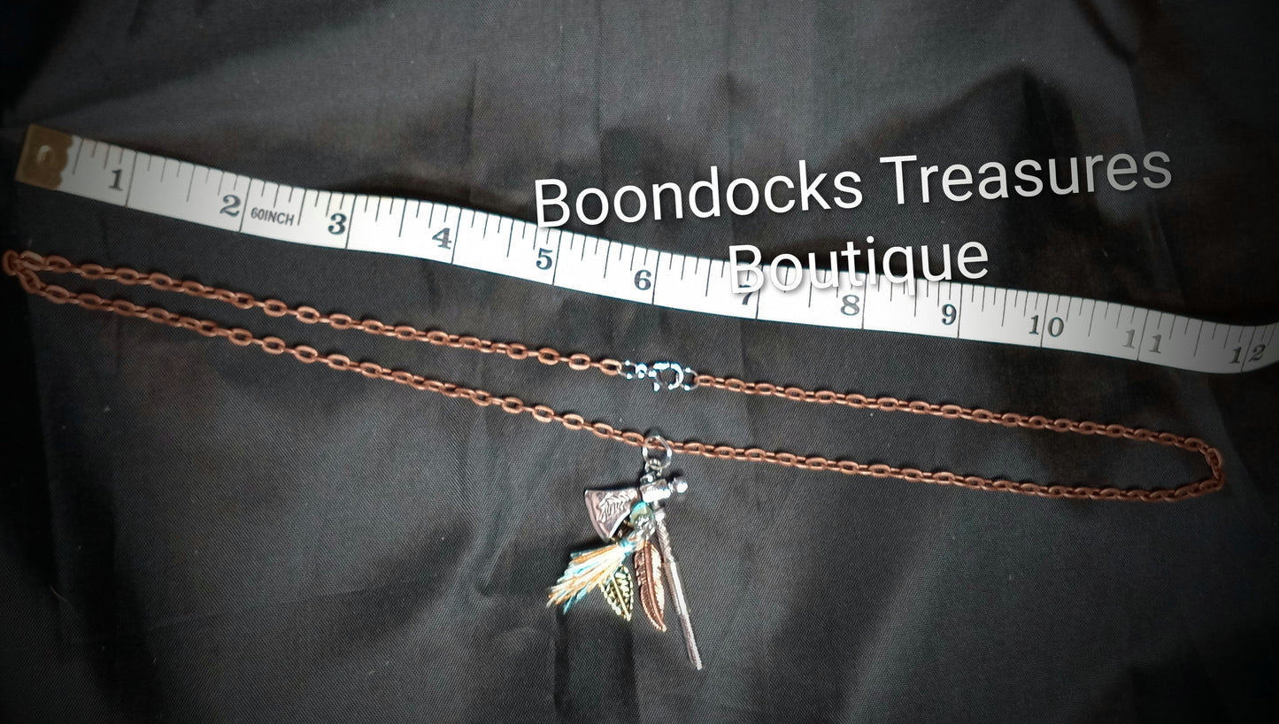 Silver Tomahawk Pendant w Feather on Copper Necklace- Handmade