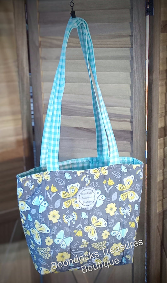 Handmade Tote Bag "Butterflies and Floral on gray" w/ "Turquoise Gingham" Lining- Reversible- Matching Makeup Bag- Large size