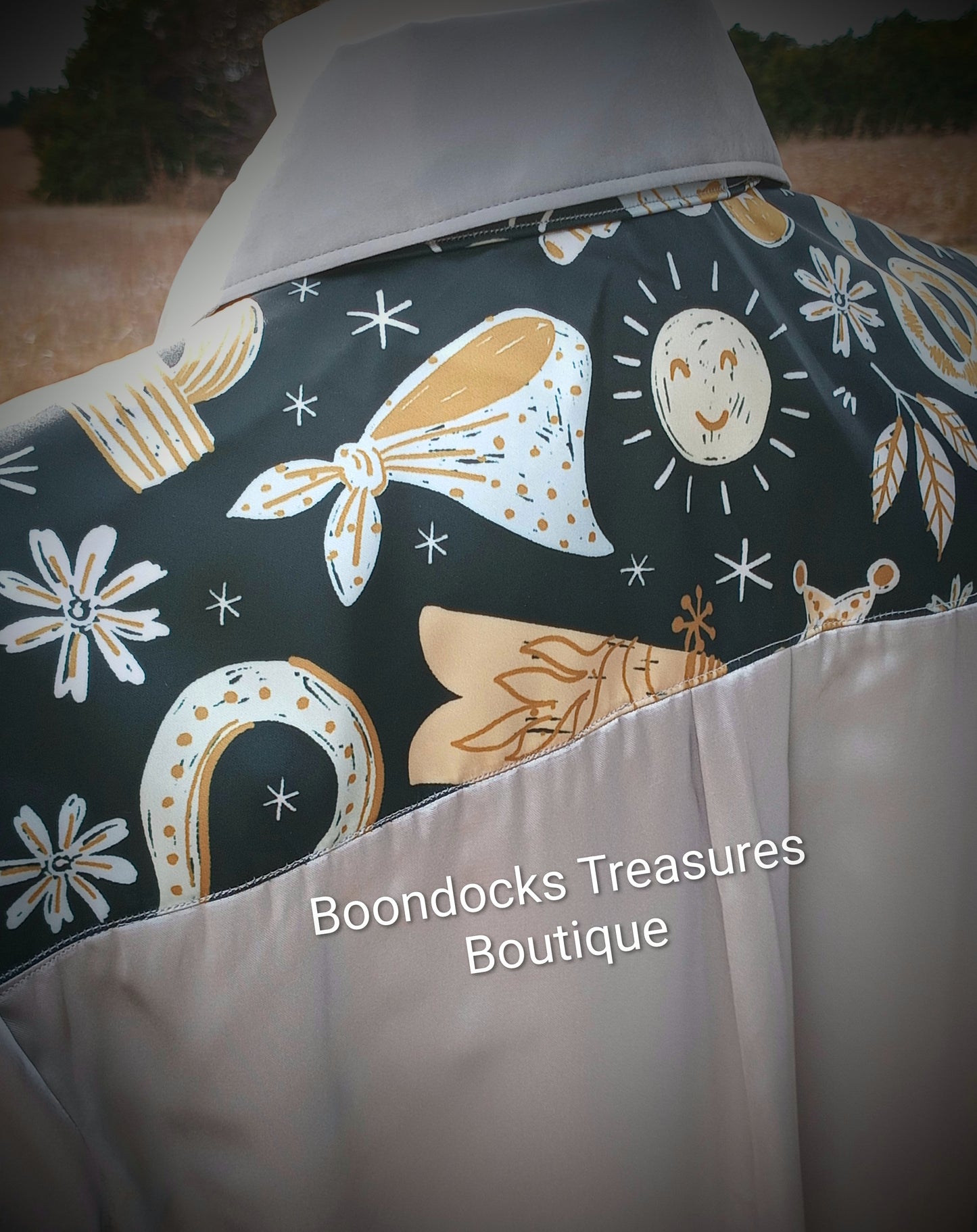 PLATNIUM-SILVER satin shirt w/ "COWBOY DOODLES" print ACCENTS- Women's and Teen's Handmade Button up Shirts Pearl Snap Shirts Western Shirts Rodeo Shirts Show Shirts