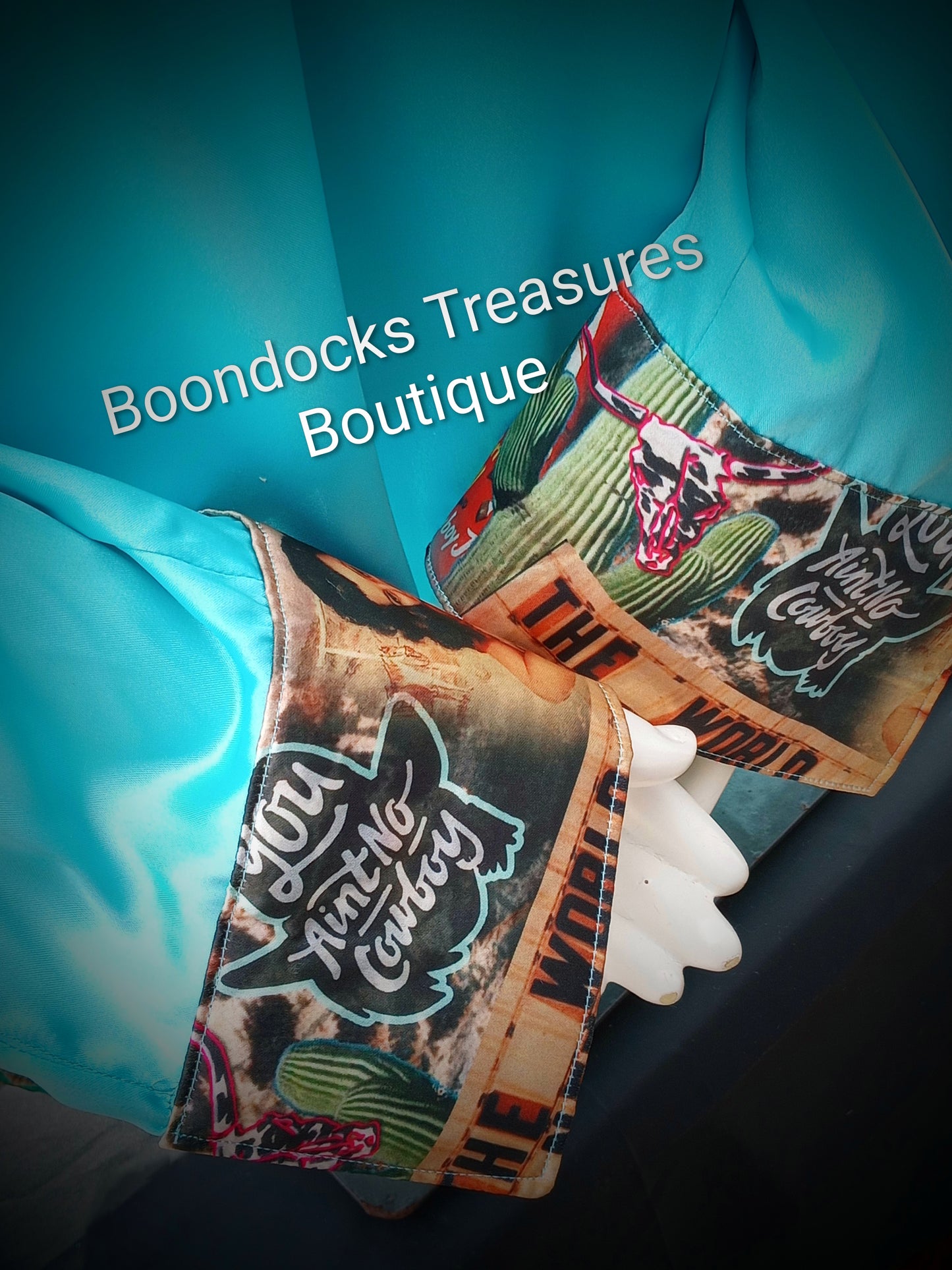 Turquoise satin shirt w/ "You Ain't No Cowboy" print ACCENTS- Women's and Teen's Handmade Button up Shirts Pearl Snap Shirts Western Shirts Rodeo Shirts Show Shirts