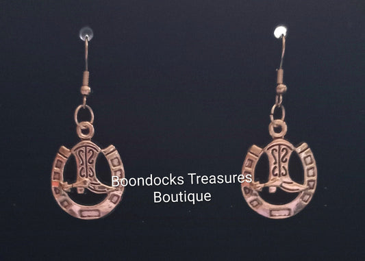 Silver Cowboy Boot with Lucky Horseshoe Handmade Earrings
