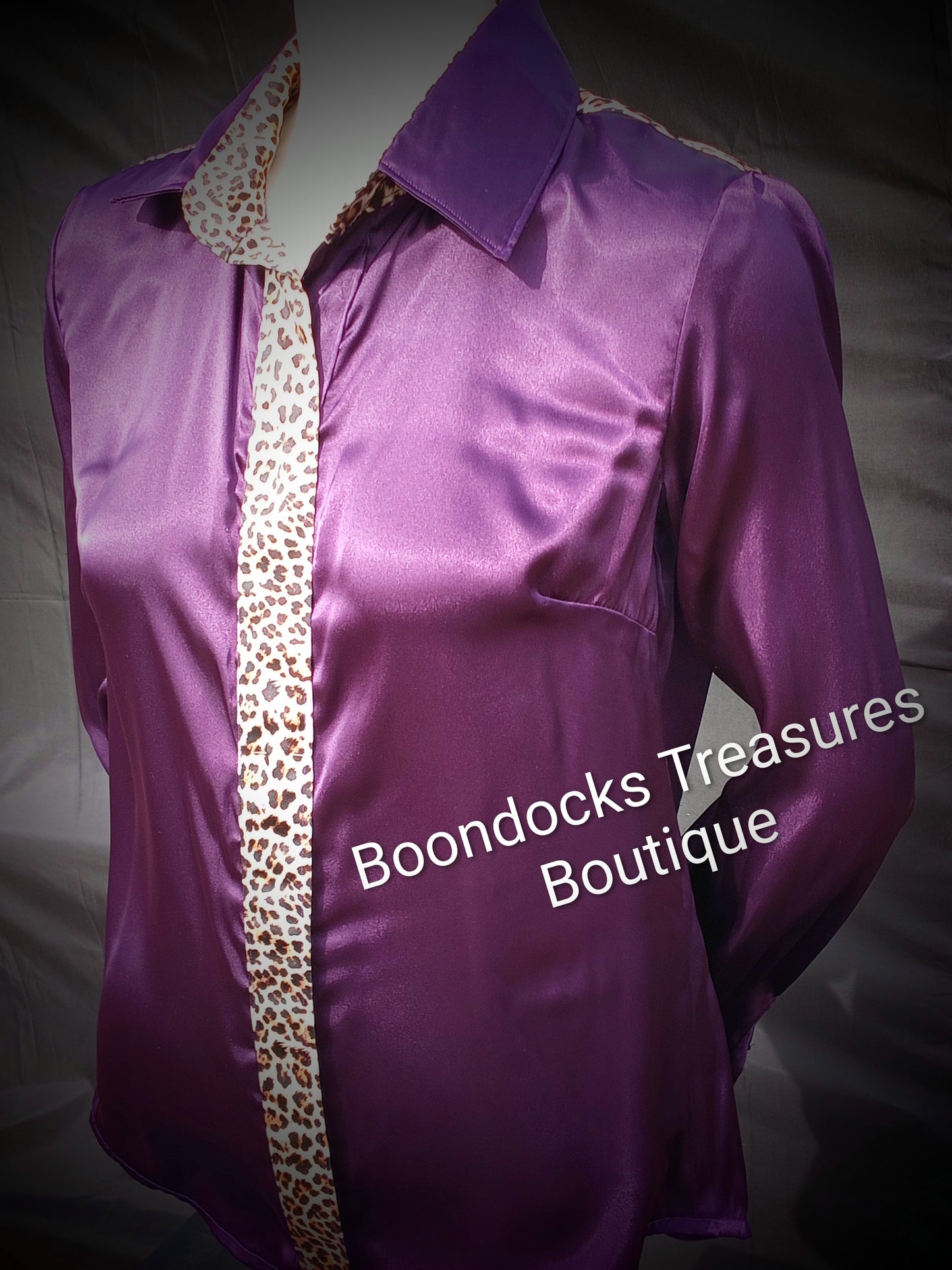 Purple satin shirt w/ light leopard print ACCENTS- Women's and Teen's Handmade Button up Shirts Pearl Snap Shirts Western Shirts Rodeo Shirts Show Shirts