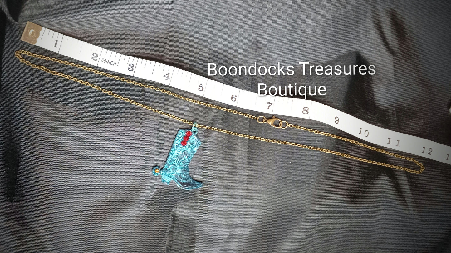 Turquoise 3D Cowboy Boot w rhinestones Pendant Necklace on Antique Brass Chain- Handmade