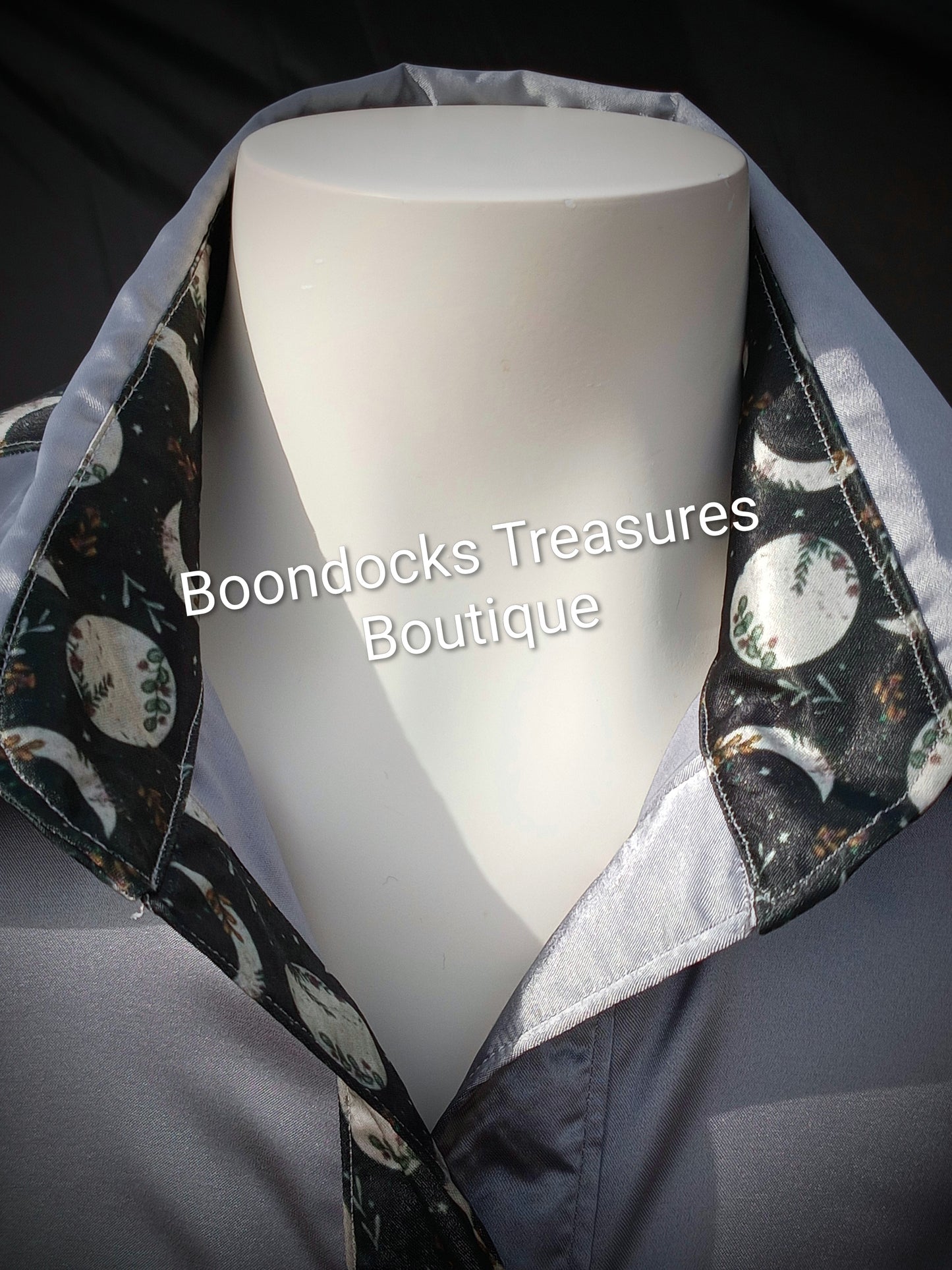 SILVER-GRAY satin shirt w/ MOON PHASES print ACCENTS- Women's and Teen's Handmade Button up Shirts Pearl Snap Shirts Western Shirts Rodeo Shirts Show Shirts