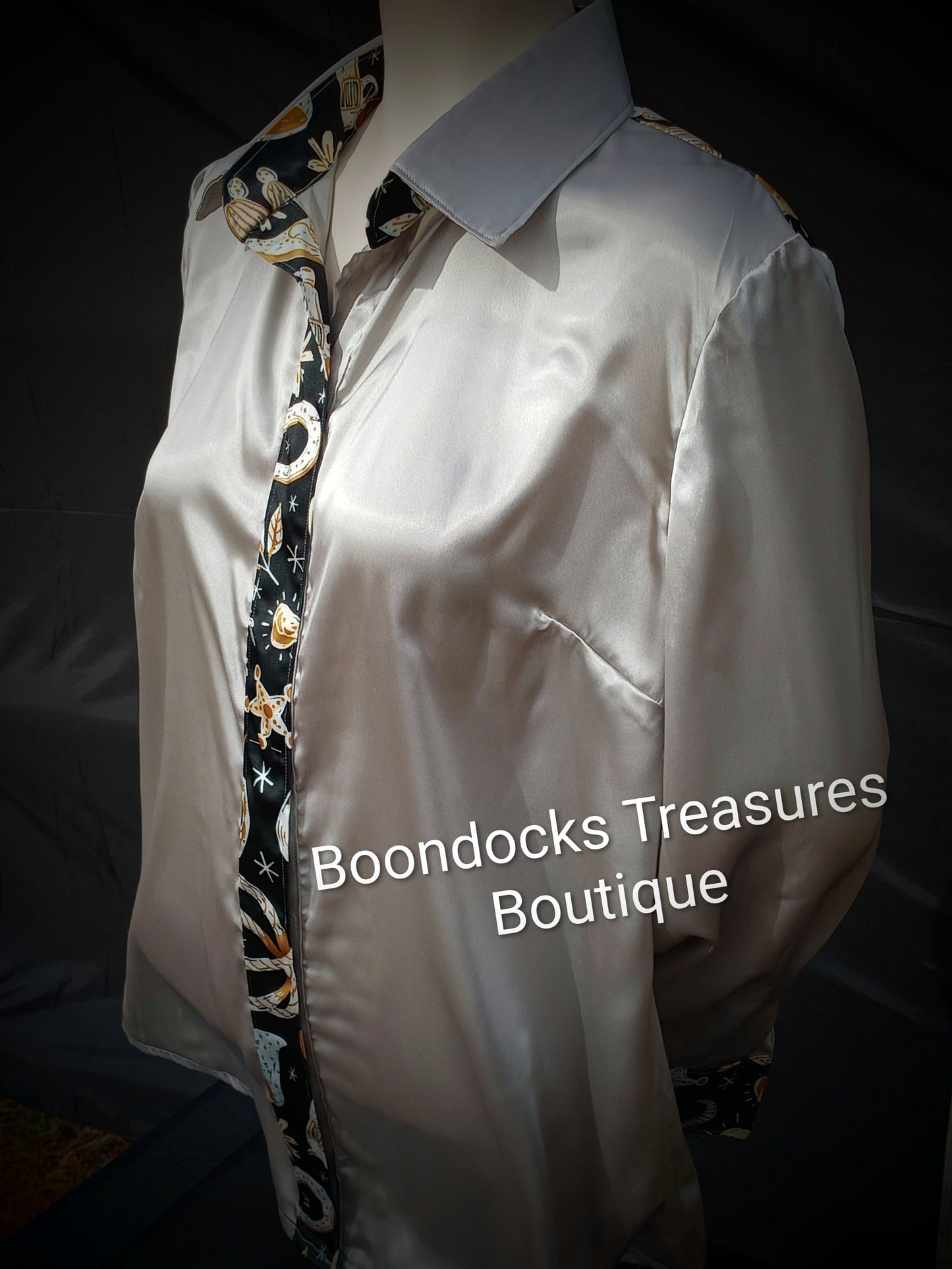 PLATNIUM-SILVER satin shirt w/ "COWBOY DOODLES" print ACCENTS- Women's and Teen's Handmade Button up Shirts Pearl Snap Shirts Western Shirts Rodeo Shirts Show Shirts