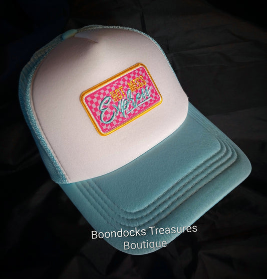 "Hot Mess Express" Patch embellished in- house on Turquoise 🩵 Trucker Hat