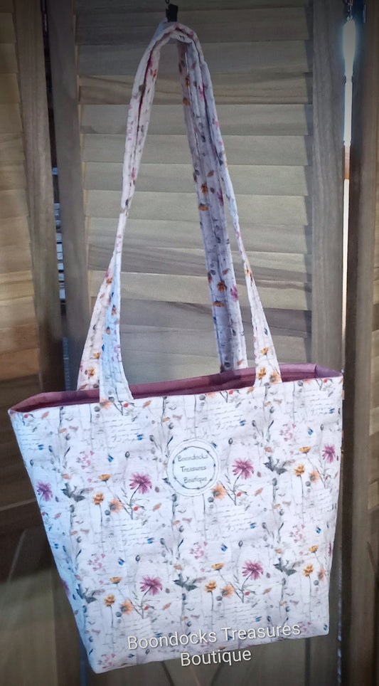 Handmade Tote Bag- "Wildflowers on Script" w/ Maroon Lining- Matching Makeup Bag- Reversible- Large size