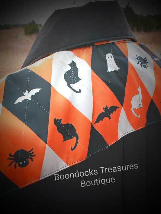 Black satin shirt w/ Halloween Argyle print ACCENTS- Women's and Teen's Handmade Button up Shirts Pearl Snap Shirts Western Shirts Rodeo Shirts Show Shirts