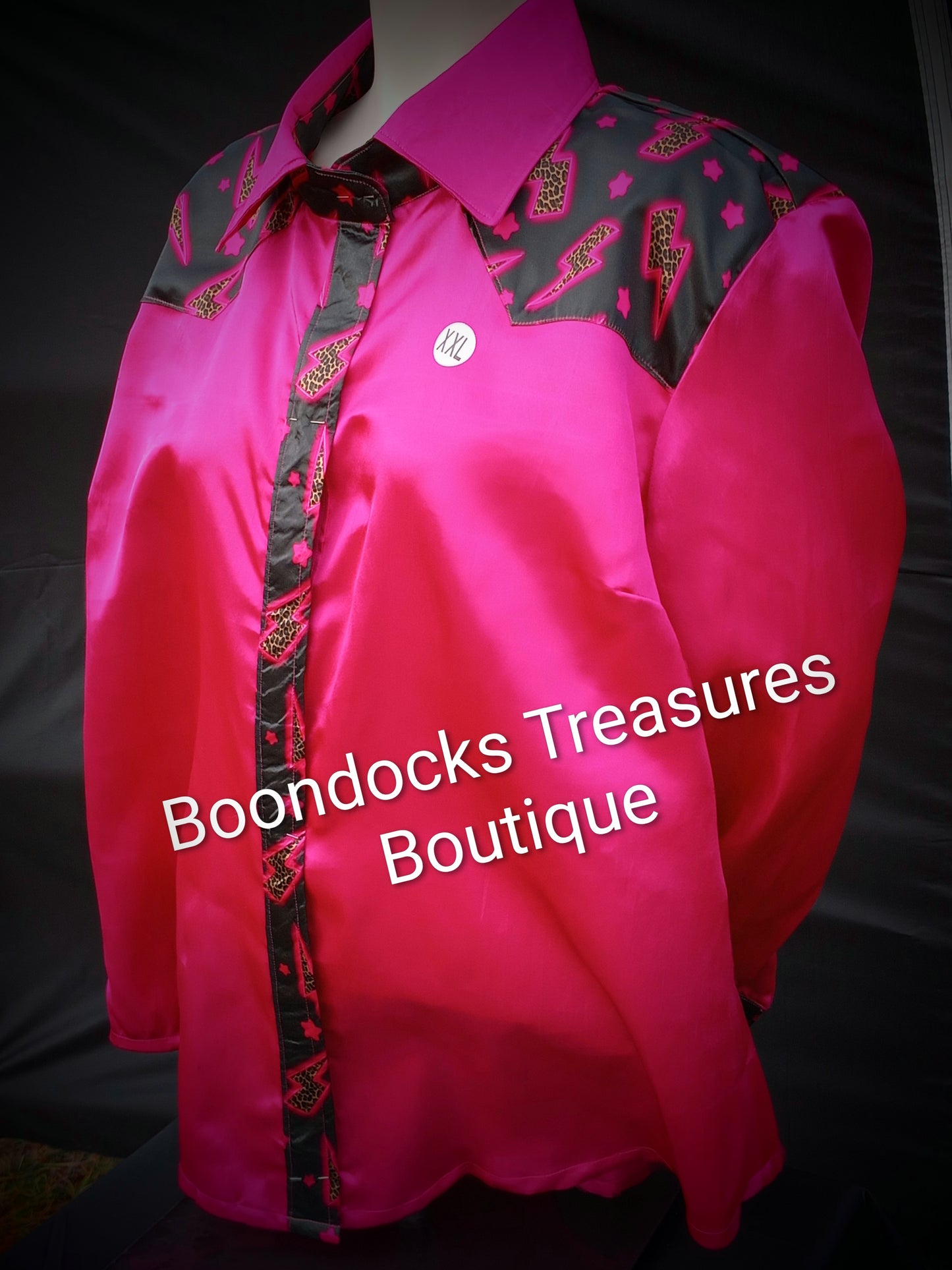 HOT PINK satin shirt w/ Cheetah Lightning Bolts ACCENTS- Women's and Teen's Handmade Button up Shirts Pearl Snap Shirts Western Shirts Rodeo Shirts Show Shirts