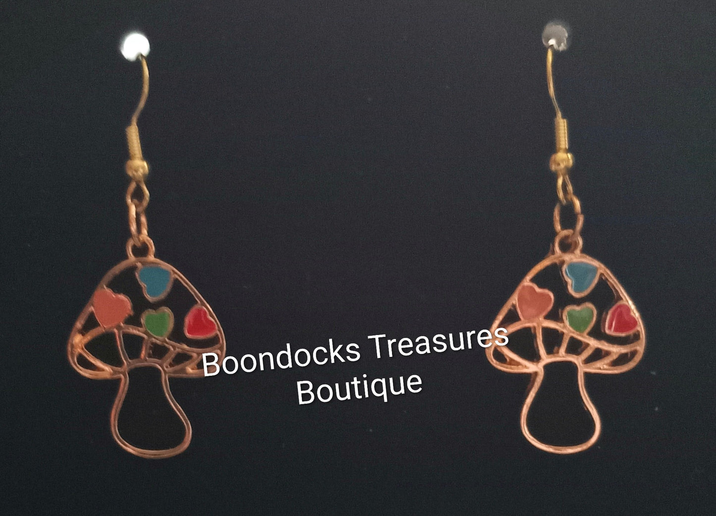 Gold Mushroom with Painted Hearts detail Handmade Earrings