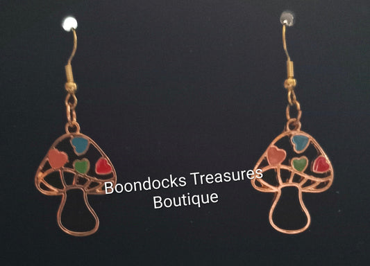 Gold Mushroom with Painted Hearts detail Handmade Earrings