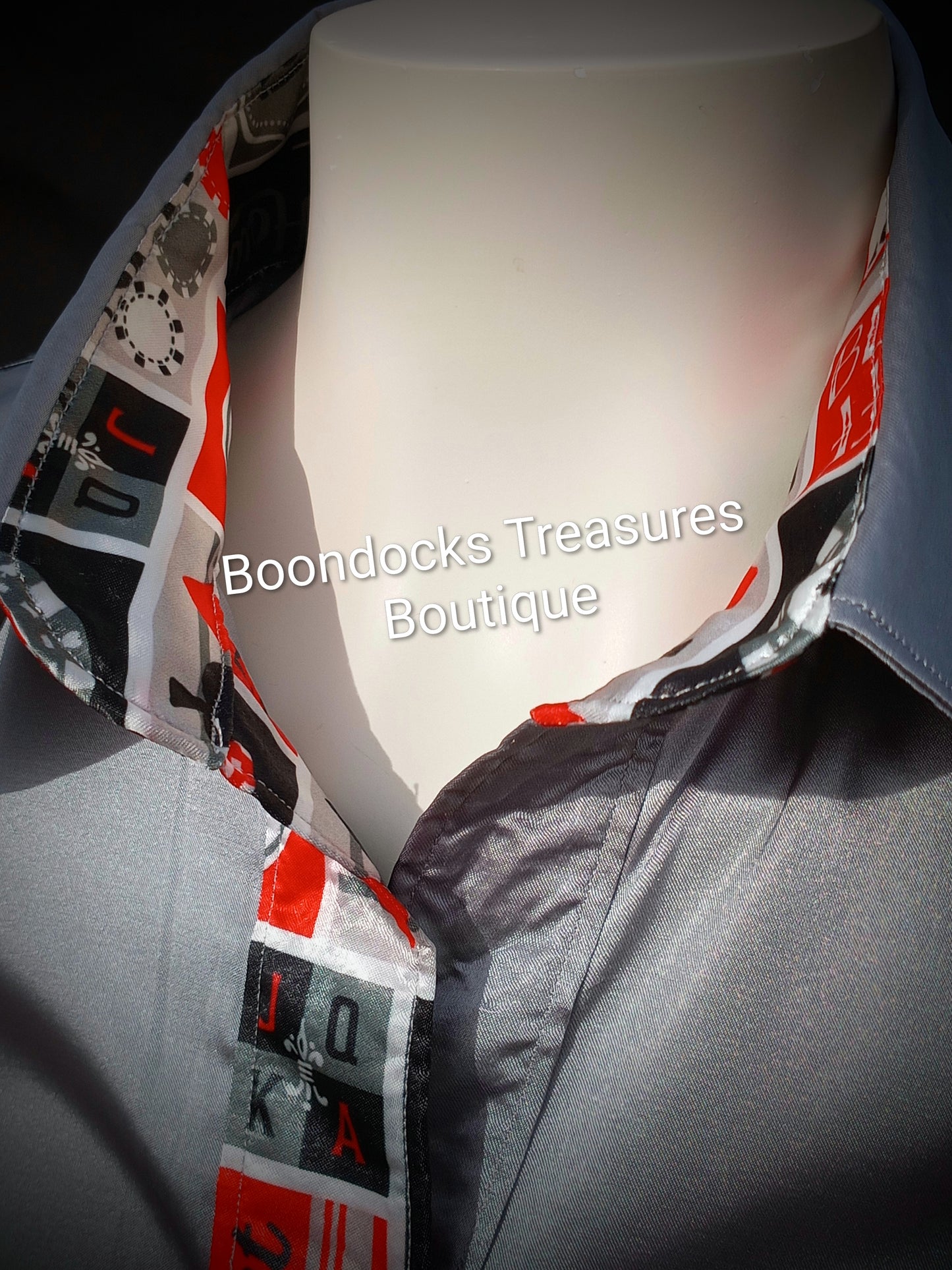 SILVER-GRAY satin shirt w/ ALL IN POKER print ACCENTS- Women's and Teen's Handmade Button up Shirts Pearl Snap Shirts Western Shirts Rodeo Shirts Show Shirts