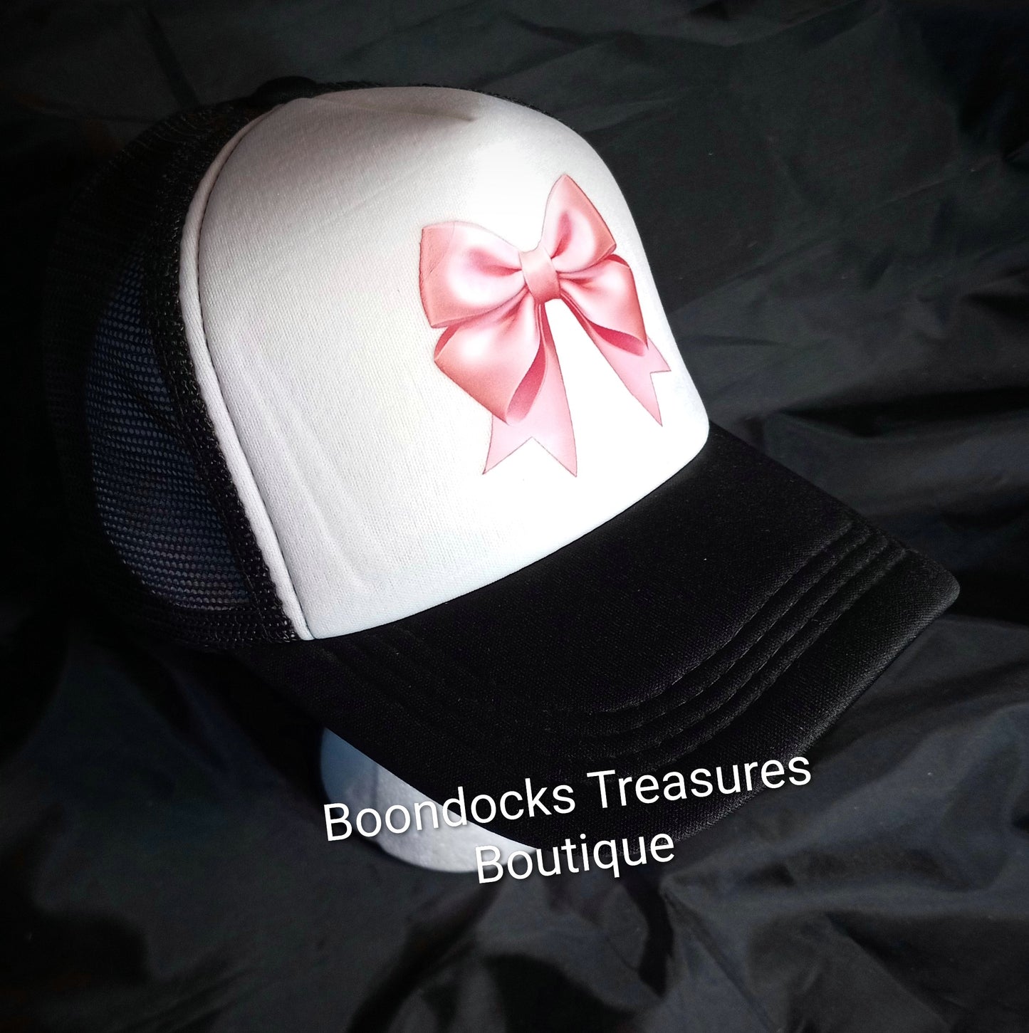"Pink Coquette Bow" DTF transfer embellished in- house on Black 🖤 Trucker Hat
