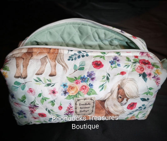 "Shetland Pony + Colorful Flowers" Handmade Makeup & Travel Bag