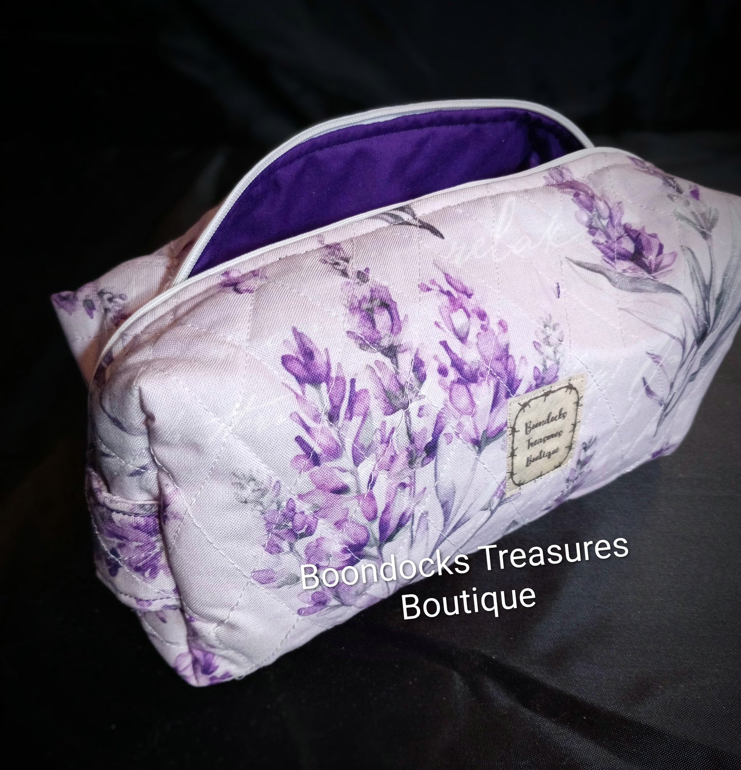 Handmade Quilted Makeup Bag – "Lavender Flowers" Print